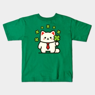 Cat Holding Shamrock for St Patricks Day Kids T-Shirt